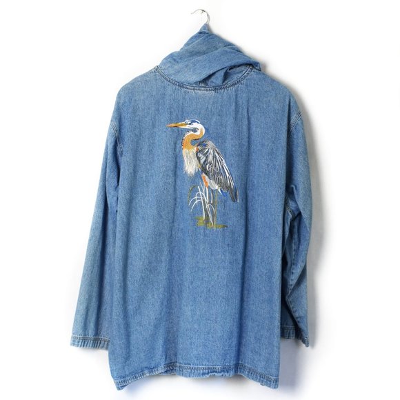 Vintage Jackets & Blazers - VTG Coat - Hooded Denim Coat w/ Embroidered Bird